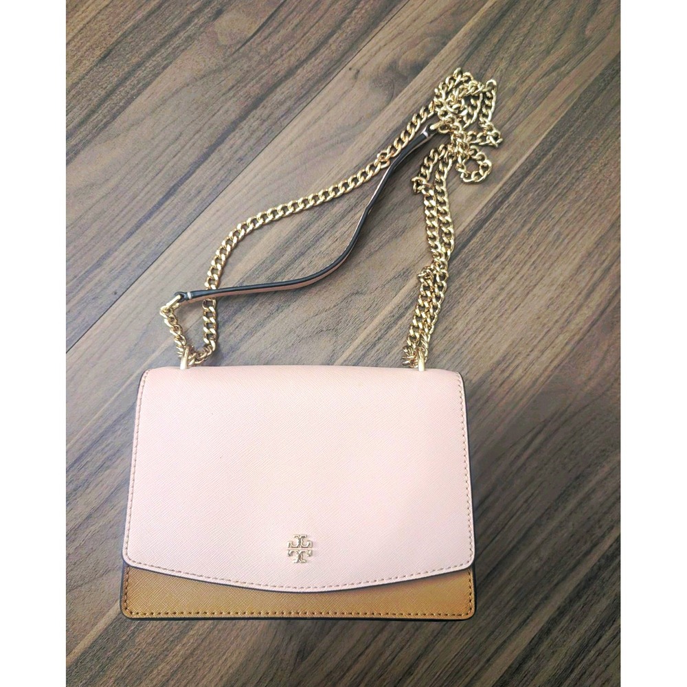 Tory Burch Pink Beige Colorblock Flap Crossbody Bag Gold Chain Magnetic